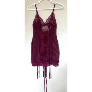 Victoria Secret Lingerie Babydoll Slip Chemise Small Burgundy Lace Garter Straps